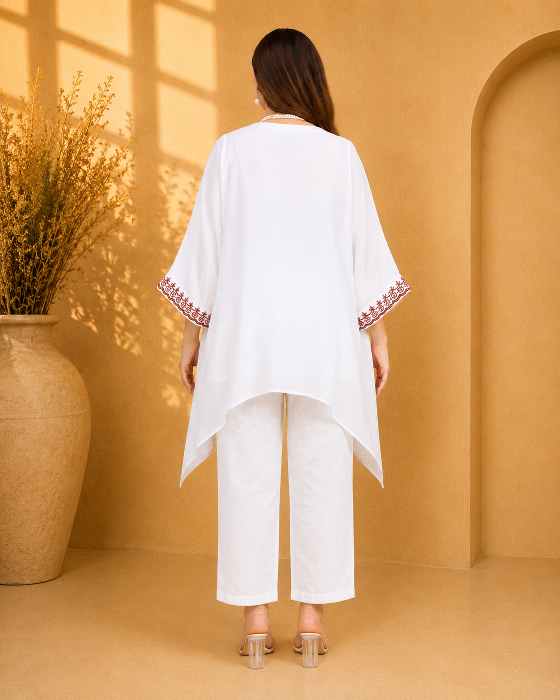 White Sustainable Chanderi Kaftan with Embroidery (Free Size, Anti-Fit)