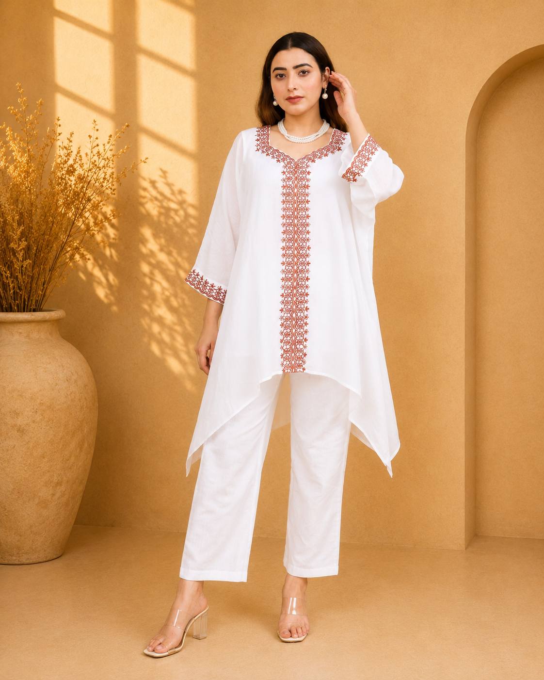 White Sustainable Chanderi Kaftan with Embroidery (Free Size, Anti-Fit)