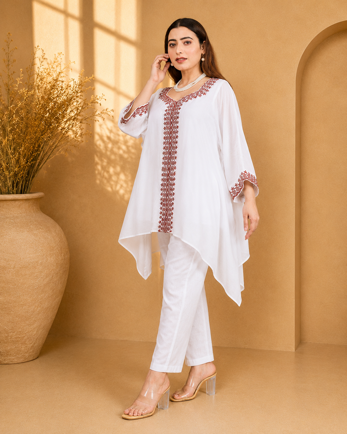 White Sustainable Chanderi Kaftan with Embroidery (Free Size, Anti-Fit)