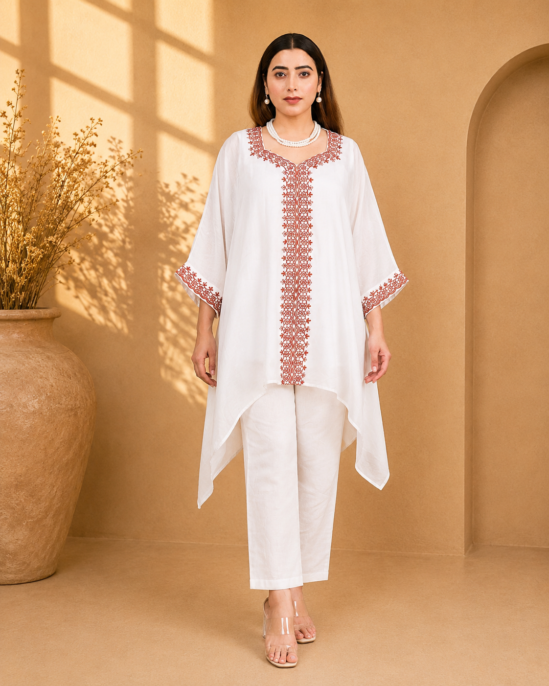 White Sustainable Chanderi Kaftan with Embroidery (Free Size, Anti-Fit)