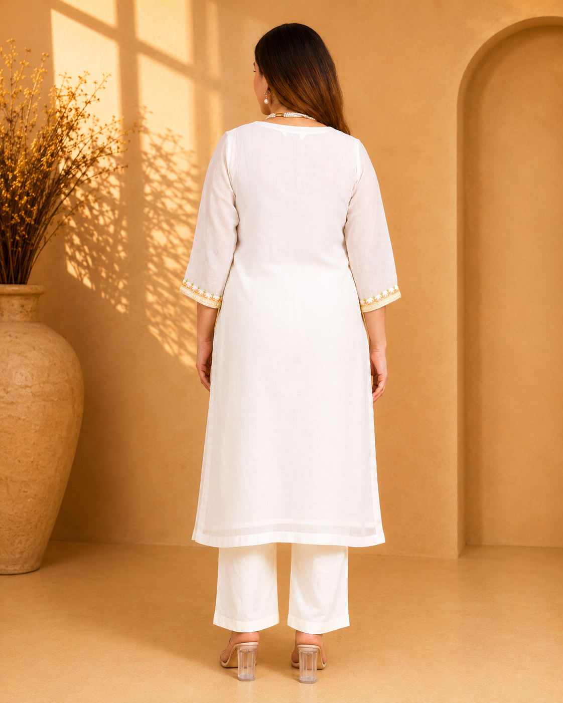 Off-White Mul Chanderi Kurta Set with Geometric Embroidery