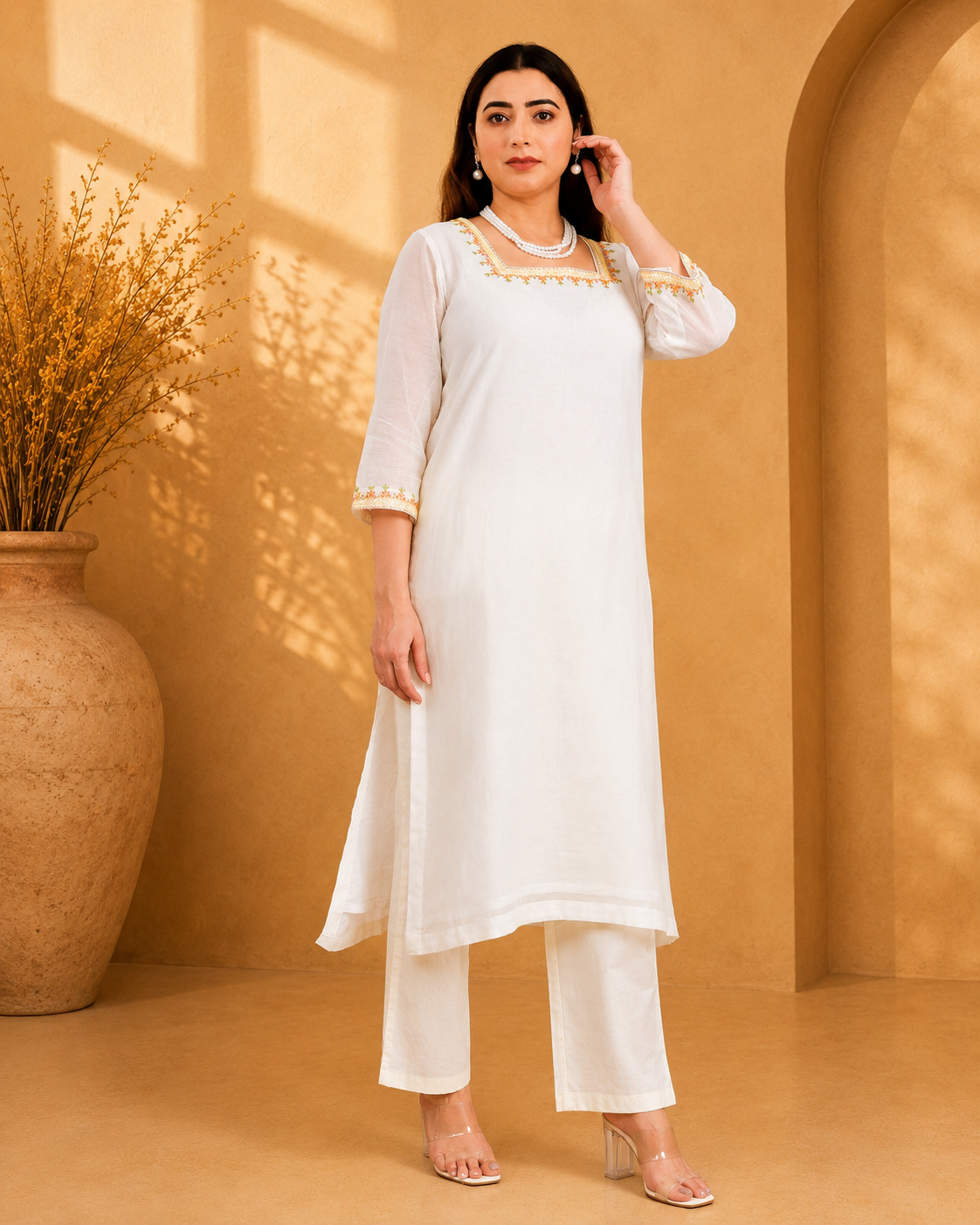 Off-White Mul Chanderi Kurta Set with Geometric Embroidery
