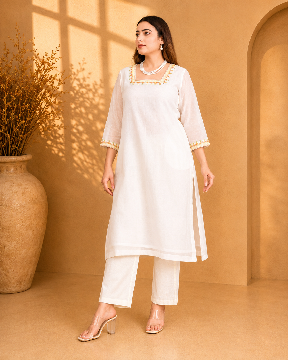 Off-White Mul Chanderi Kurta Set with Geometric Embroidery