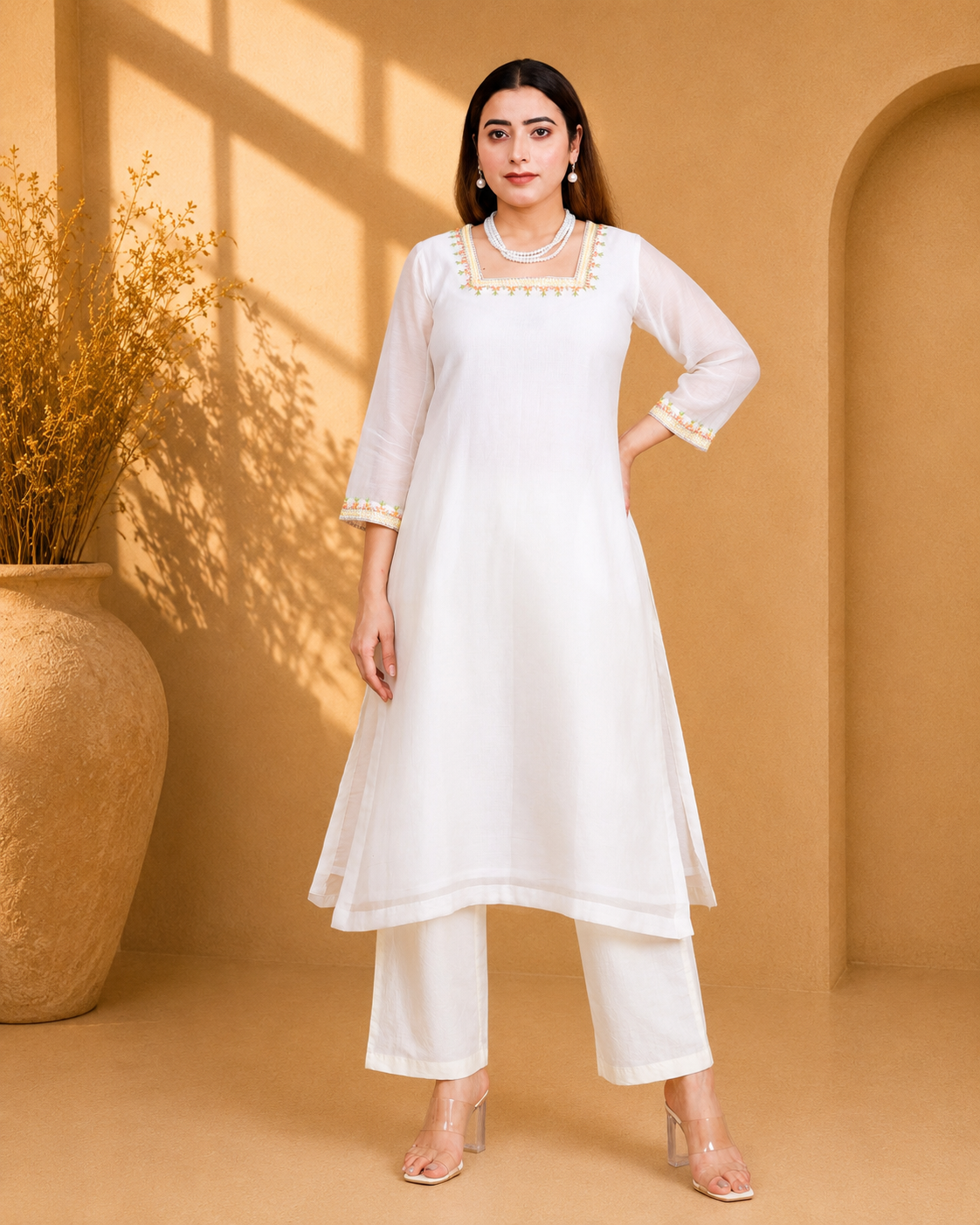 Off-White Mul Chanderi Kurta Set with Geometric Embroidery