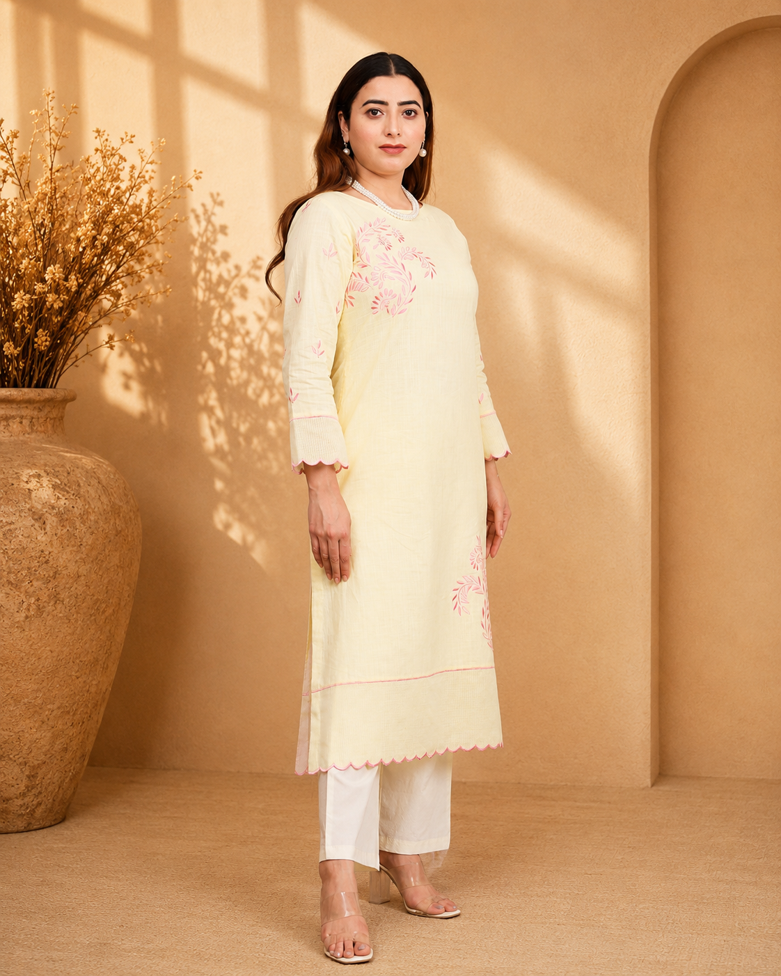 Butter Yellow Cotton Slub Kurta Set with Floral Embroidery and Pink Piping