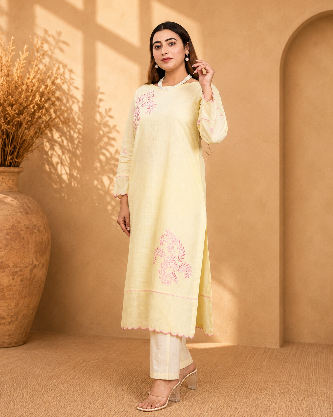 Butter Yellow Cotton Slub Kurta Set with Floral Embroidery and Pink Piping