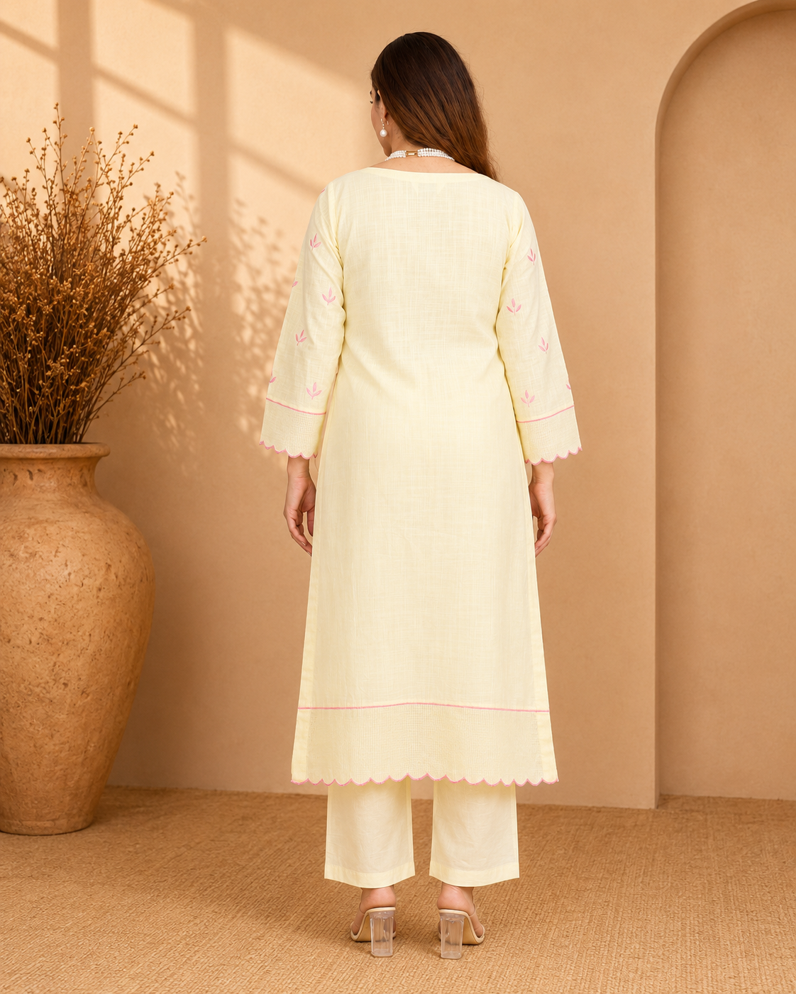 Butter Yellow Cotton Slub Kurta Set with Floral Embroidery and Pink Piping