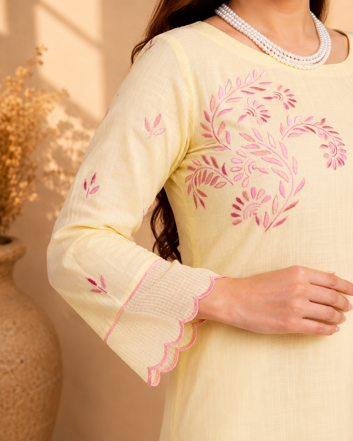 Butter Yellow Cotton Slub Kurta Set with Floral Embroidery and Pink Piping
