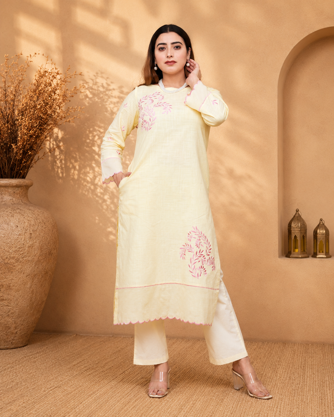 Butter Yellow Cotton Slub Kurta Set with Floral Embroidery and Pink Piping