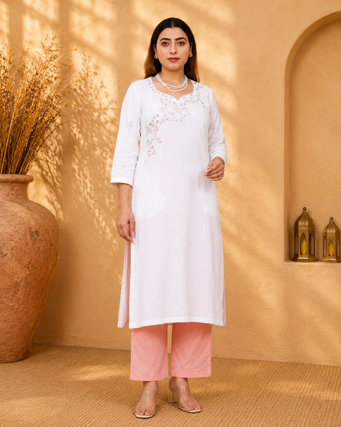 White Cotton Flex Kurta Set with Peach Poplin Pants and Hand Embroidery
