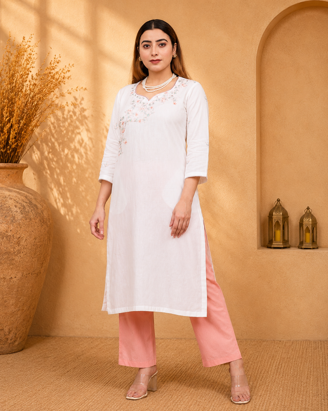 White Cotton Flex Kurta Set with Peach Poplin Pants and Hand Embroidery