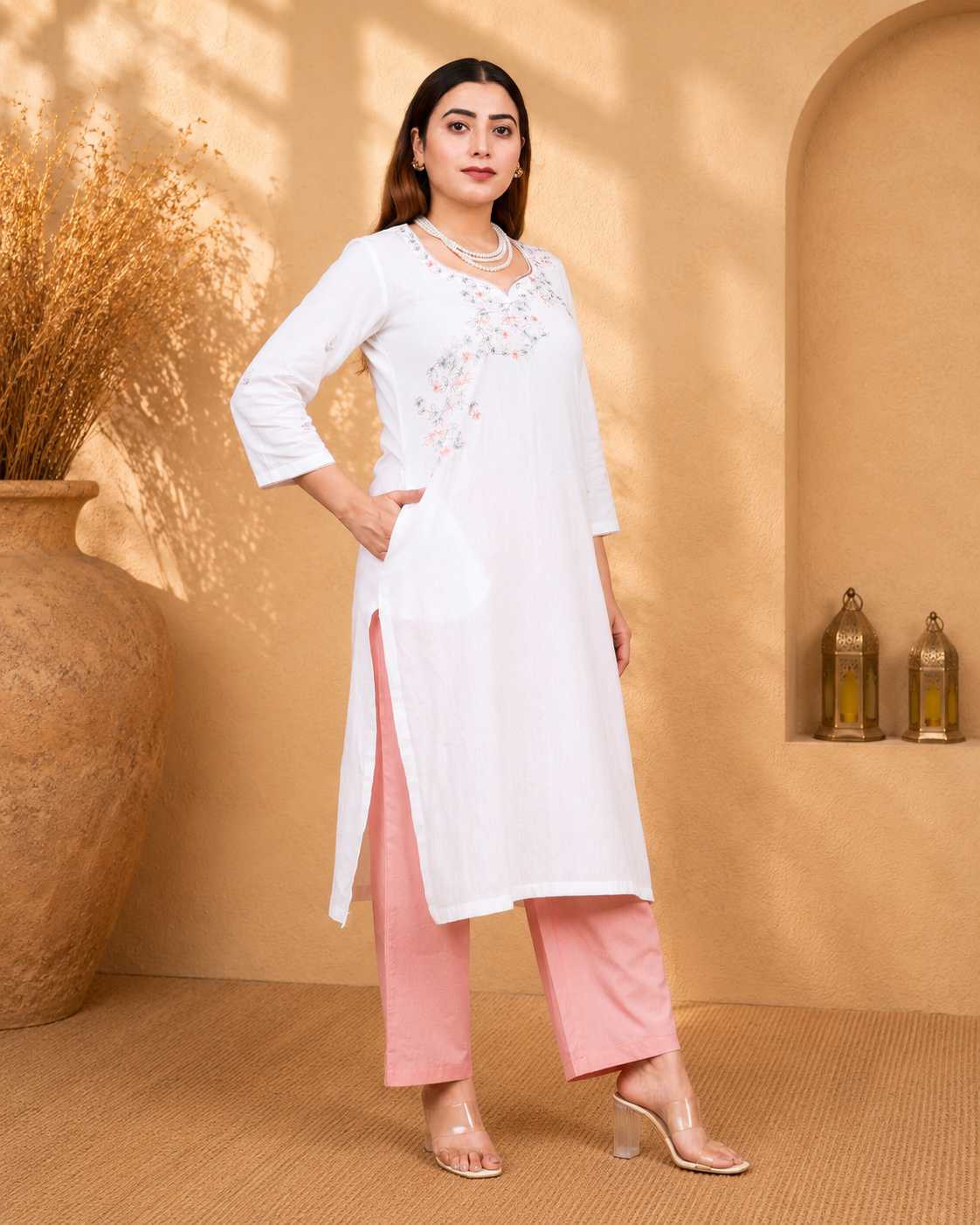 White Cotton Flex Kurta Set with Peach Poplin Pants and Hand Embroidery