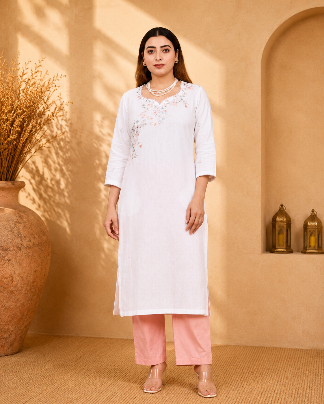 White Cotton Flex Kurta Set with Peach Poplin Pants and Hand Embroidery