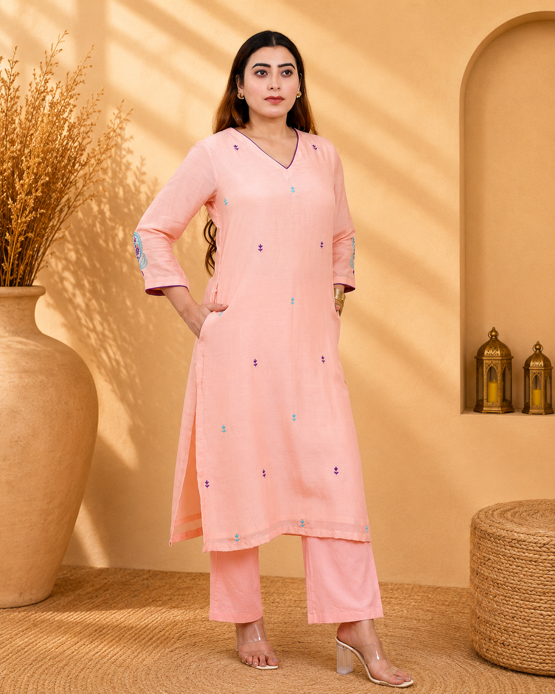 Peach Mul Chanderi Kurta Set with Poplin Pants and Floral Embroidery