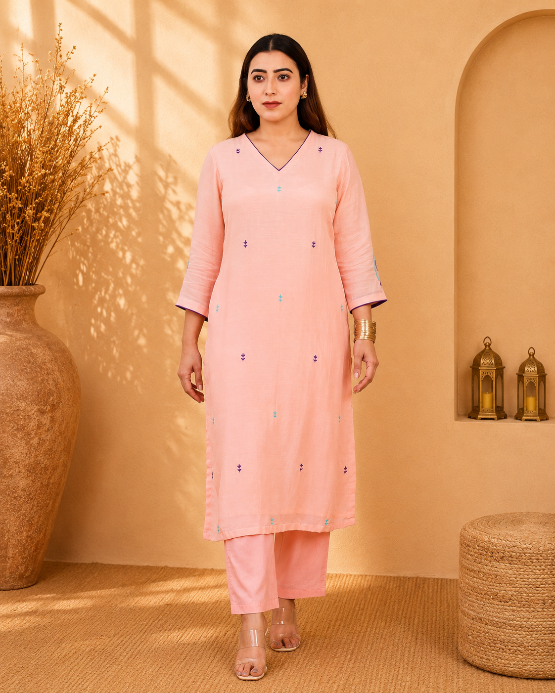 Peach Mul Chanderi Kurta Set with Poplin Pants and Floral Embroidery