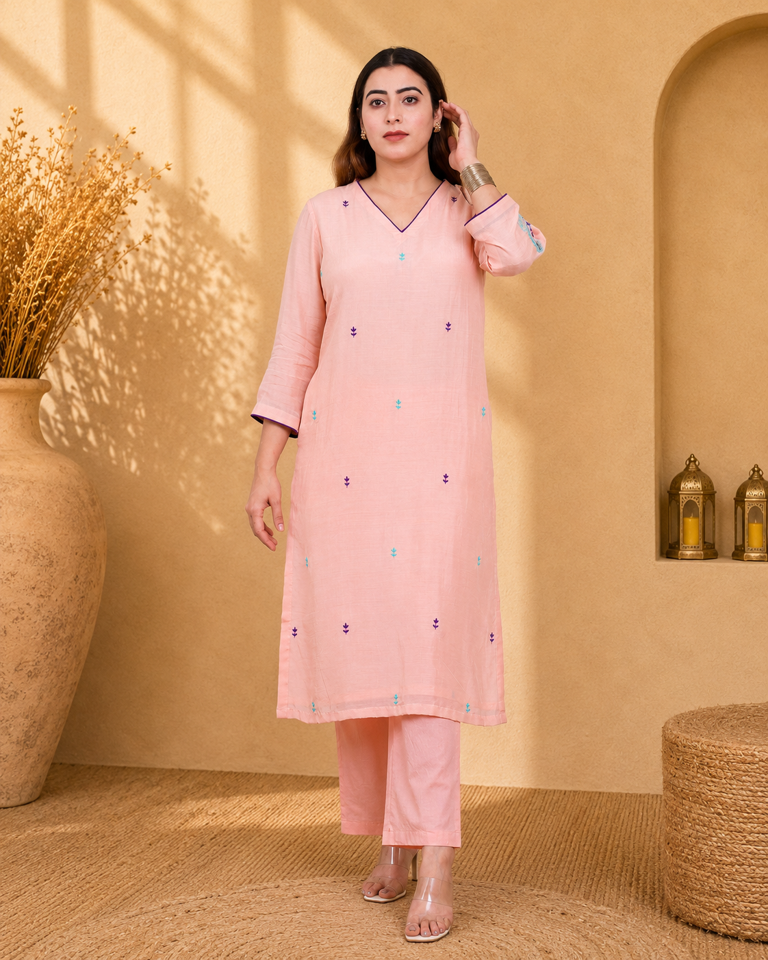 Peach Mul Chanderi Kurta Set with Poplin Pants and Floral Embroidery