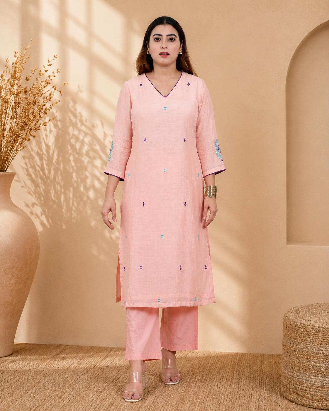 Peach Mul Chanderi Kurta Set with Poplin Pants and Floral Embroidery