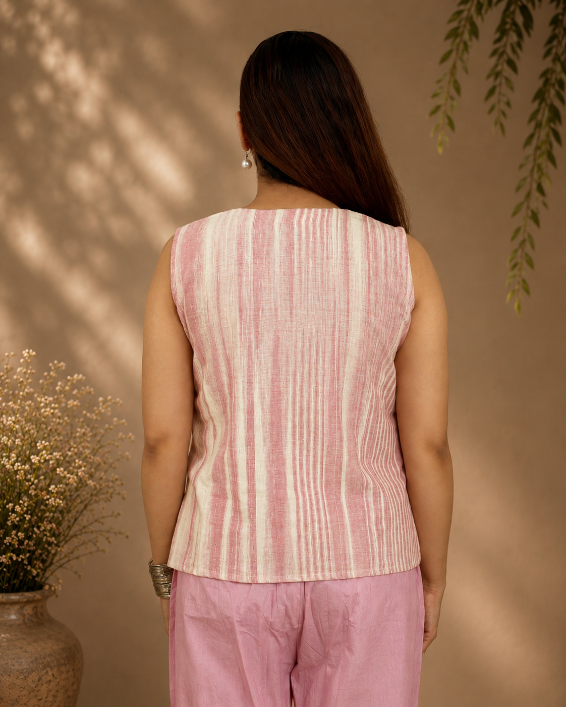 Pink Khadi Pleated Top with Minimal Embroidery
