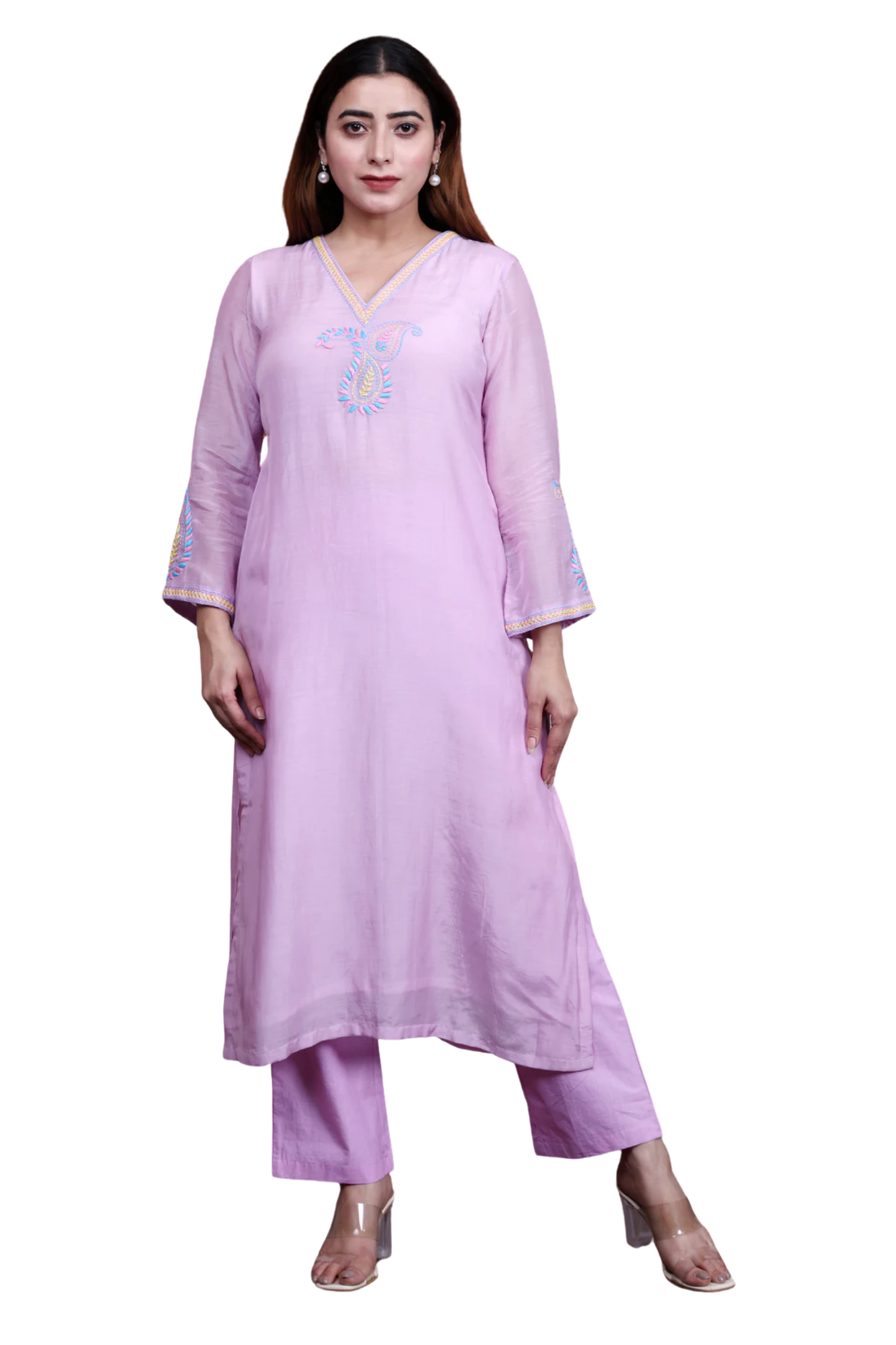 Mauve Mul Chanderi A-Line Kurta Set with Paisley Hand Embroidery