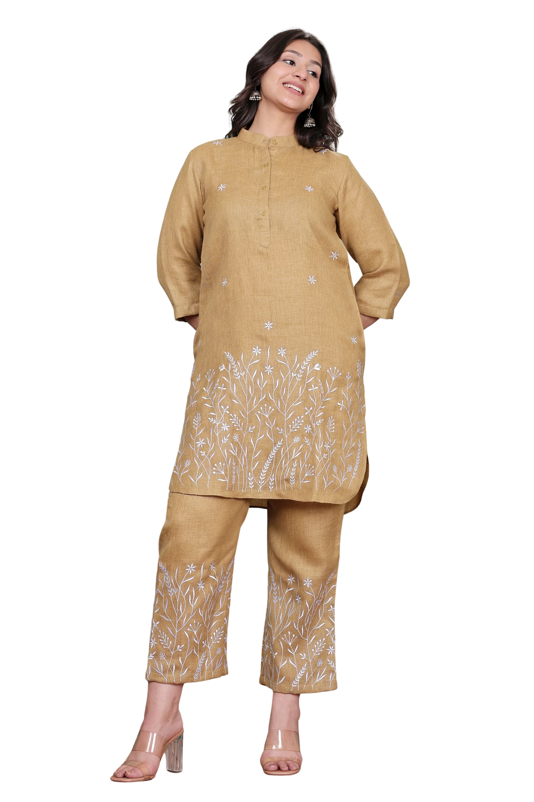 Mustard Linen Blend Co-ord Set with Floral Motif Embroidery