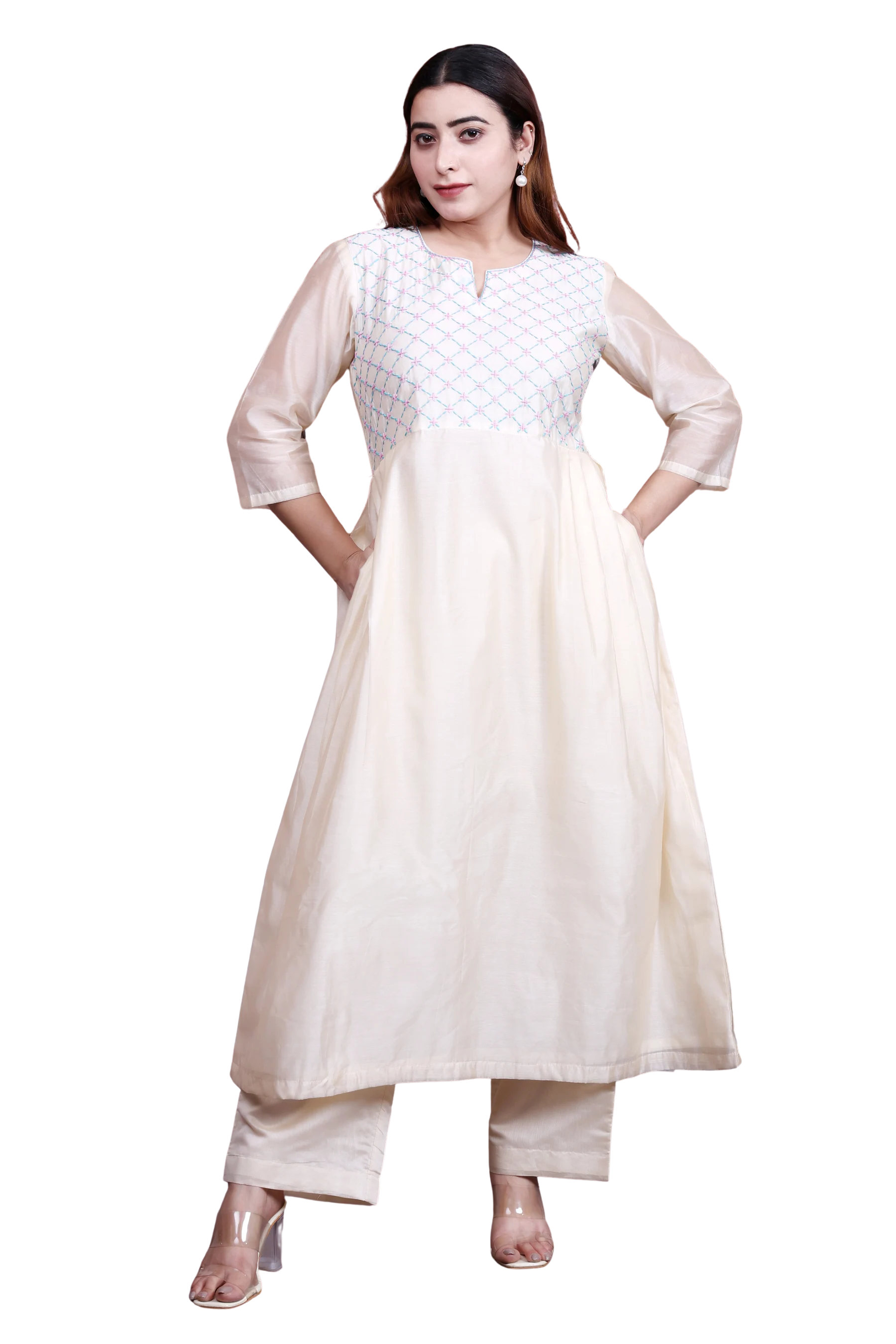 Off-White  Chanderi Angrakha Set with Hand Embroidery
