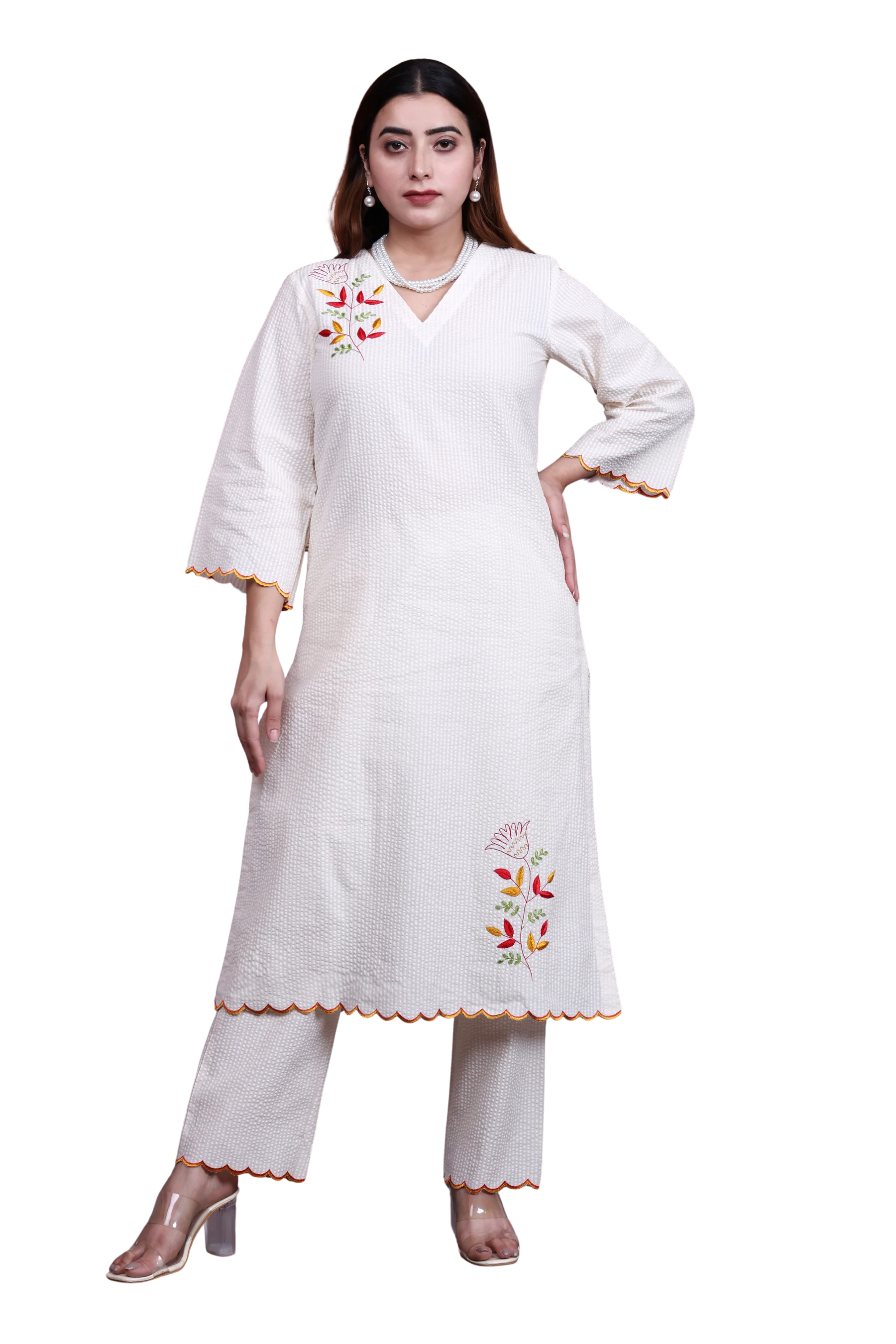 Off-White Seersucker A-Line Kurta Set with Multi-Color Hand Embroidery