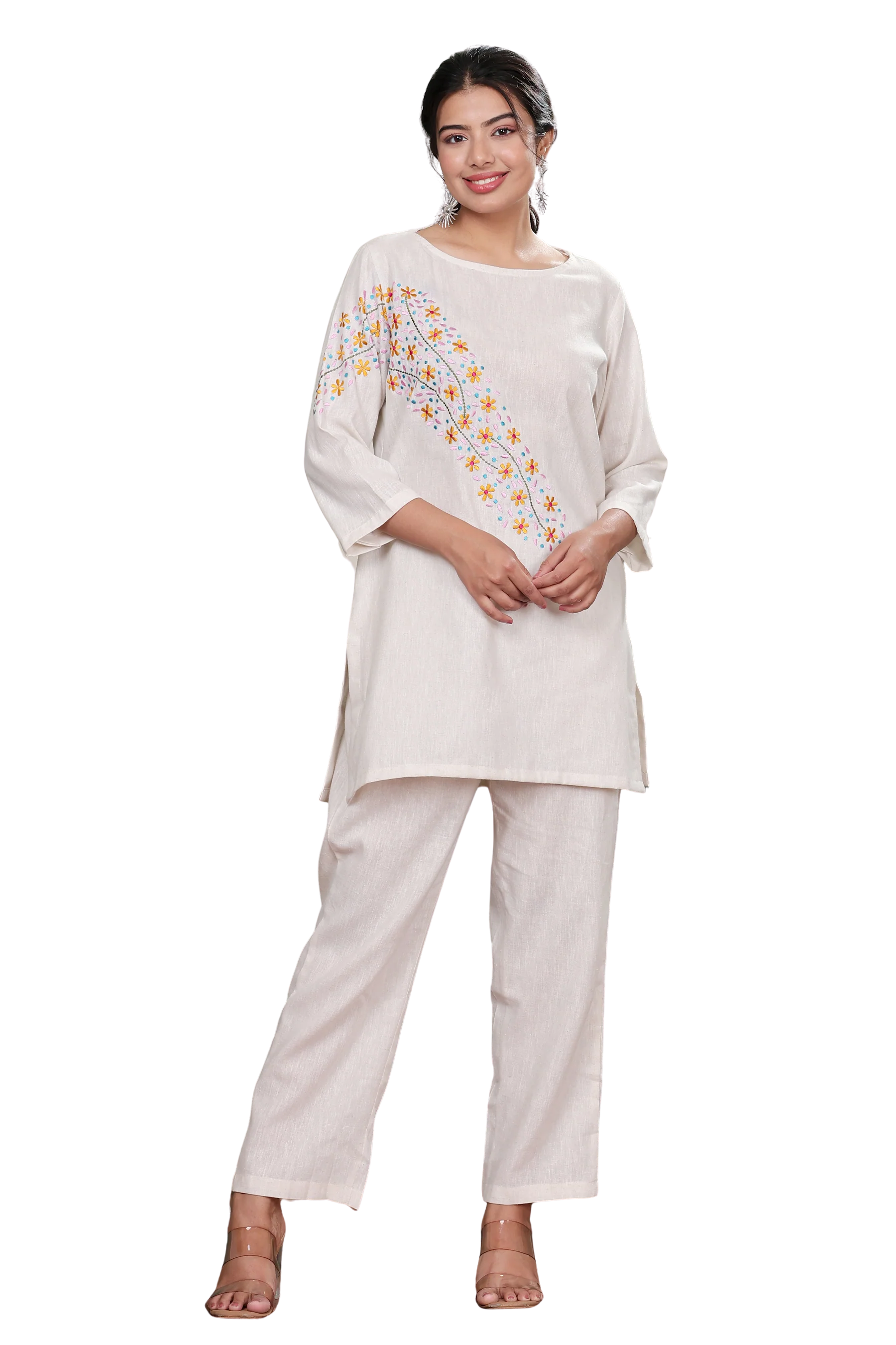 Off White Cotton Blend Tunic with Floral Motif Embroidery