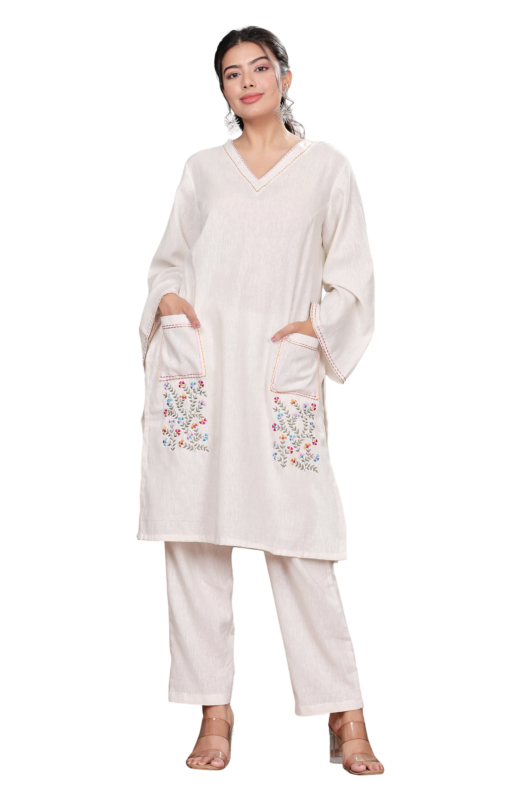 Off White Cotton linen Handloom Kurta Dress with Hand Embroidery & Front Pockets