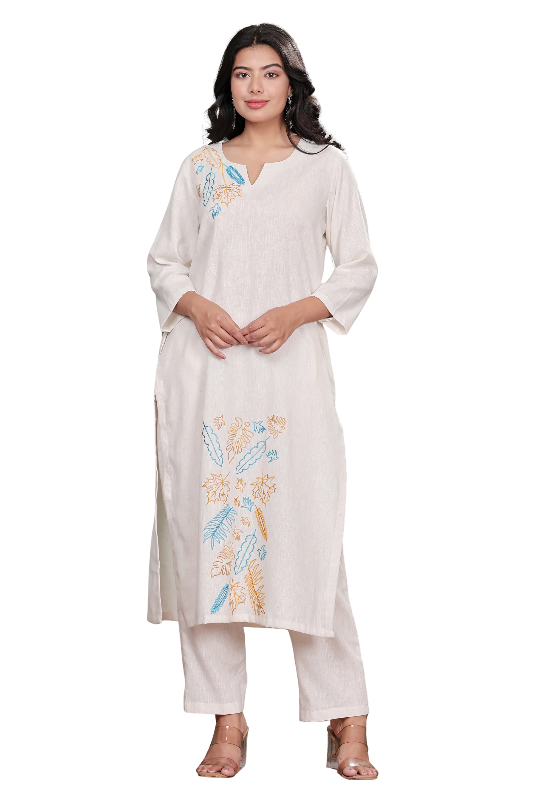 Off White Handloom Kurta Set with Floral Embroidery