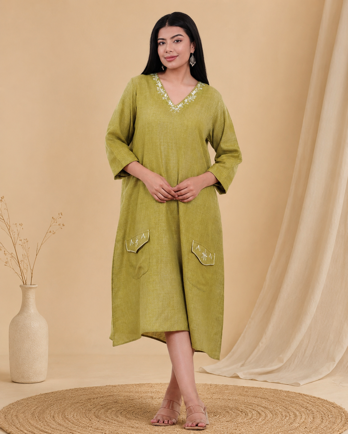 Olive Green Hand Embroidered Linen Blend Dress