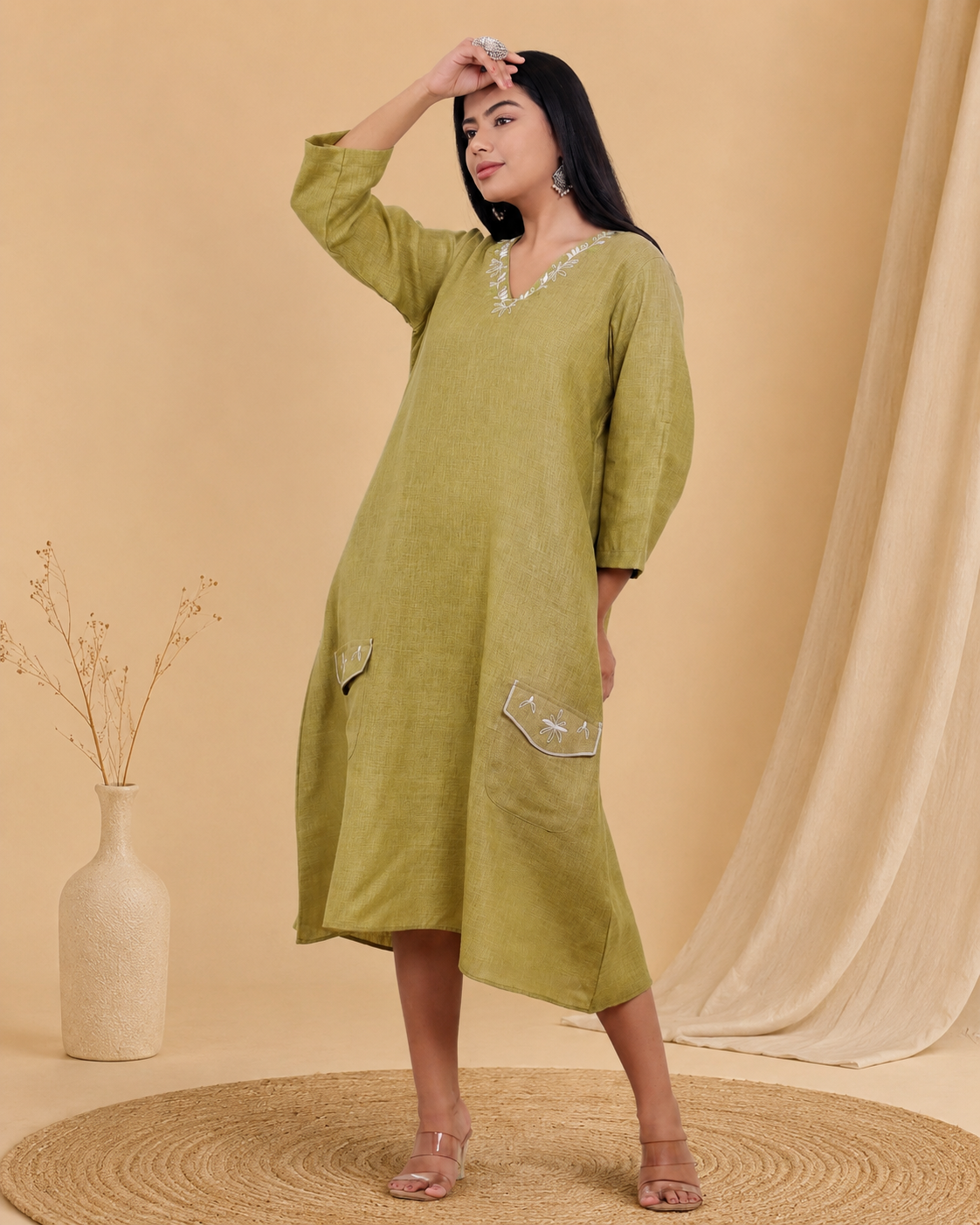 Olive Green Hand Embroidered Linen Blend Dress