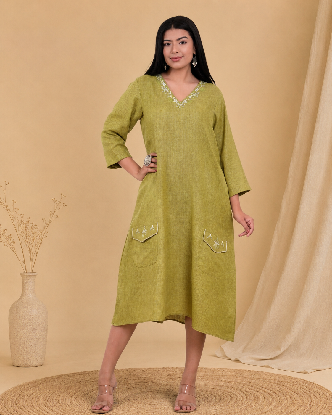 Olive Green Hand Embroidered Linen Blend Dress