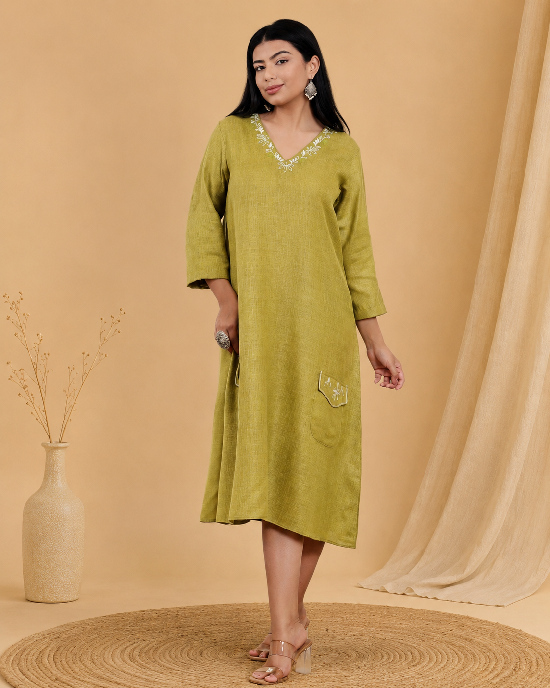 Olive Green Hand Embroidered Linen Blend Dress