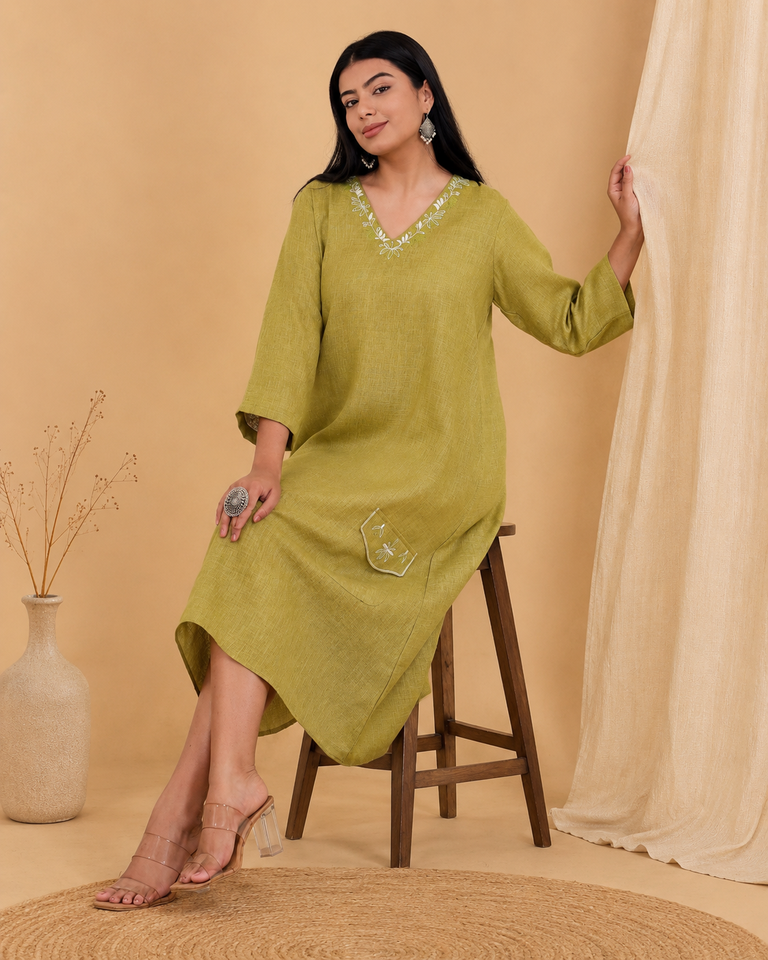 Olive Green Hand Embroidered Linen Blend Dress