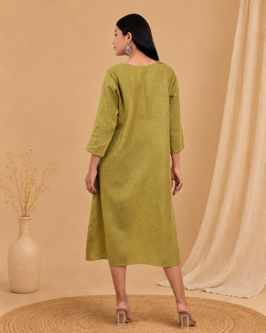 Olive Green Hand Embroidered Linen Blend Dress