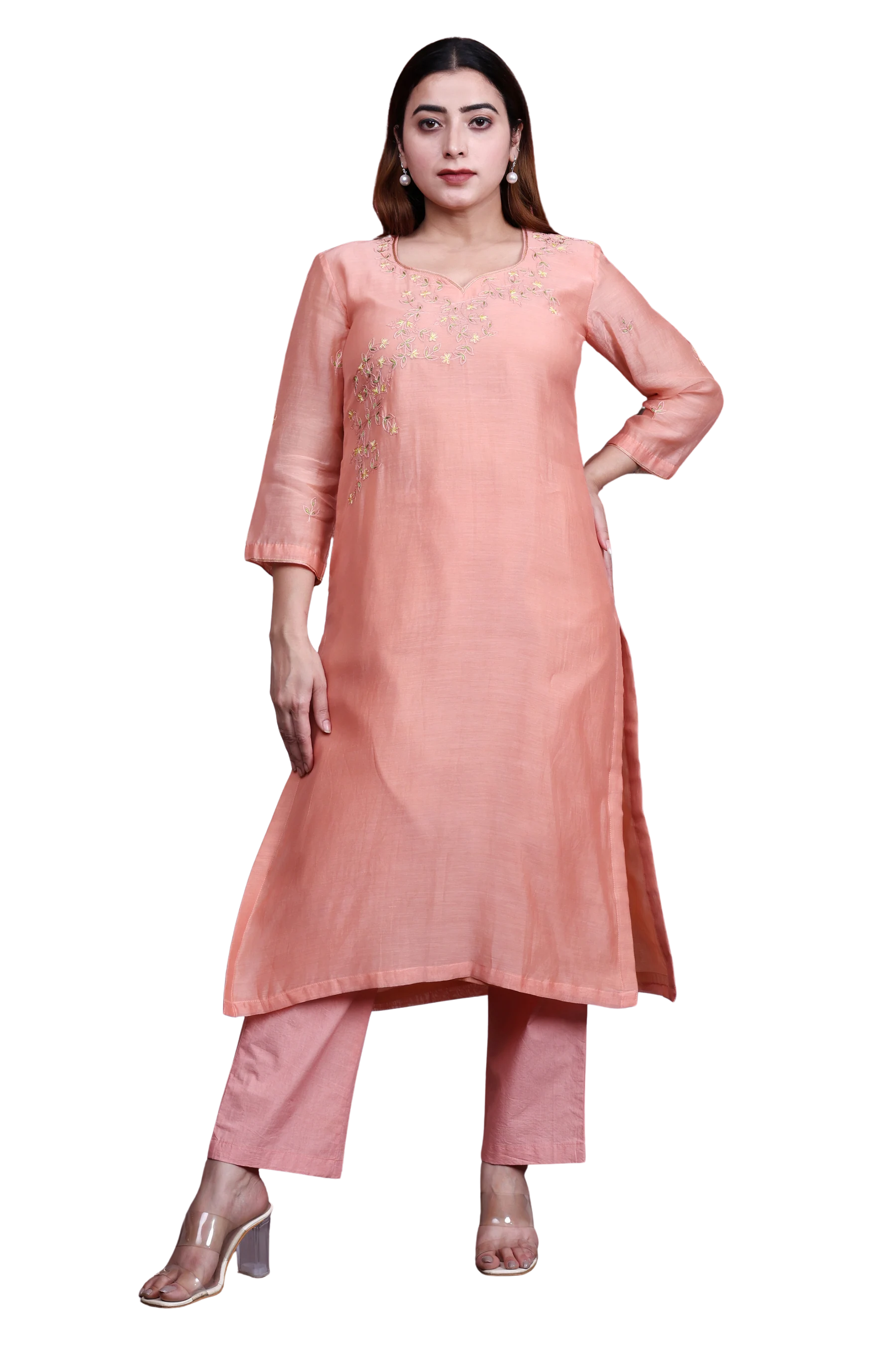 Peach Mul Chanderi A-Line Kurta Set with Poplin Pants and Neck Embroidery