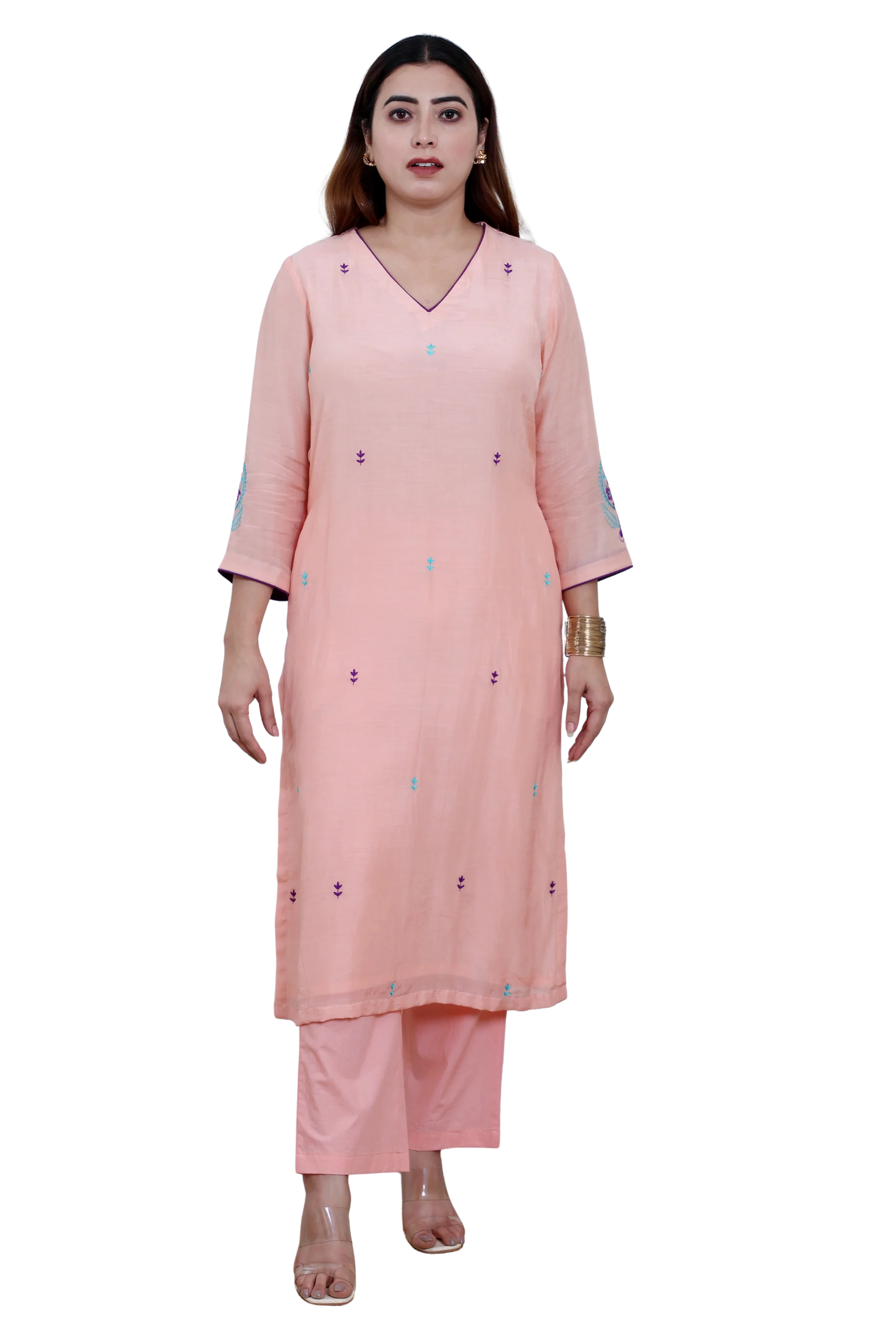 Peach Mul Chanderi Kurta Set with Poplin Pants and Floral Embroidery