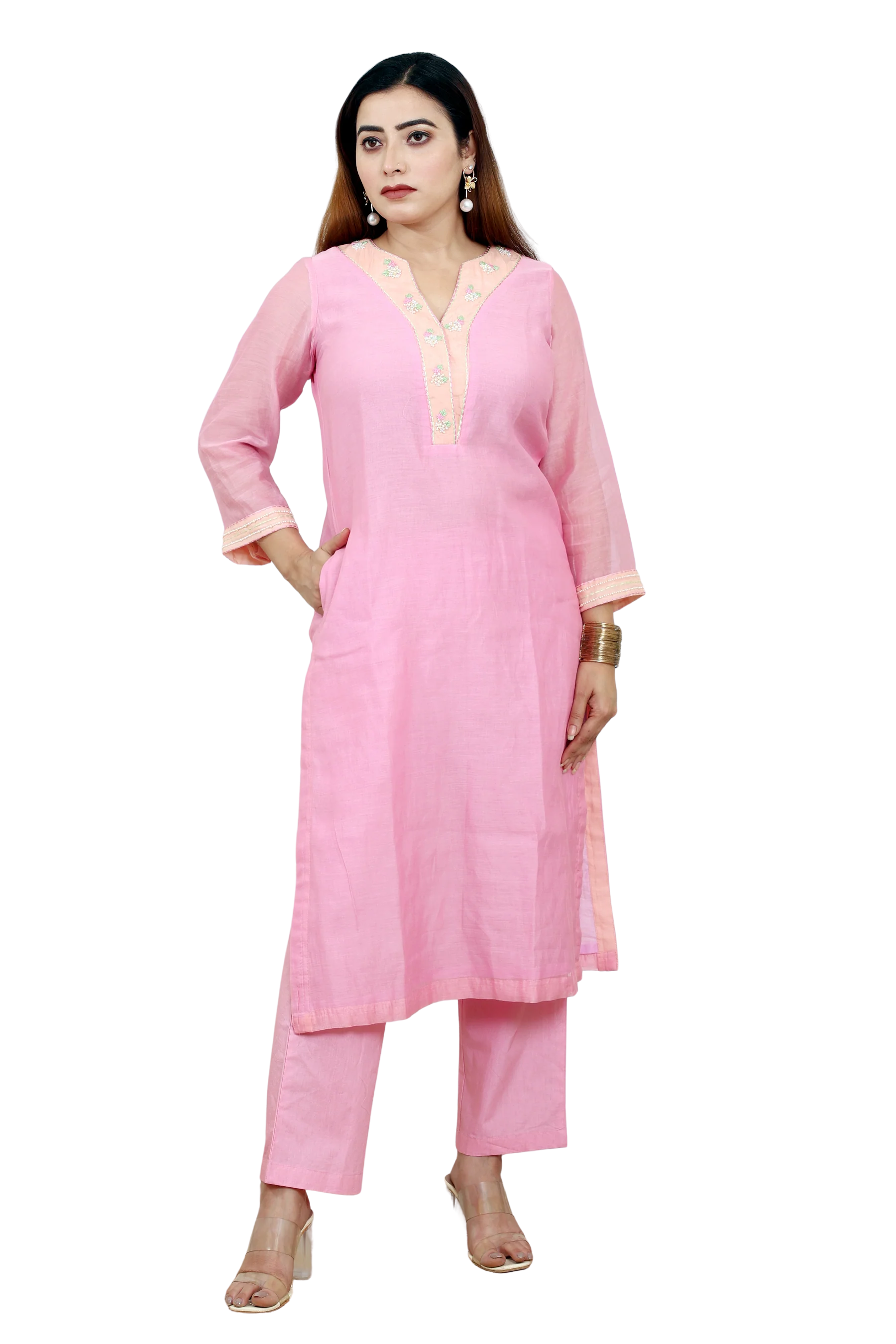 Pink Mul Chanderi Kurta Set with Poplin Pants and Hand Embroidery
