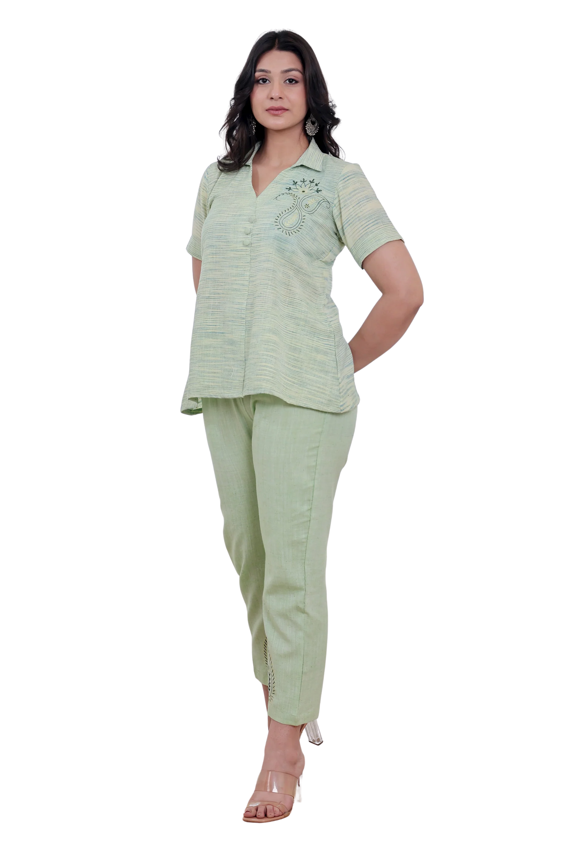 Pista Green Handwoven Khadi Co-ord Set with Paisley Embroidery