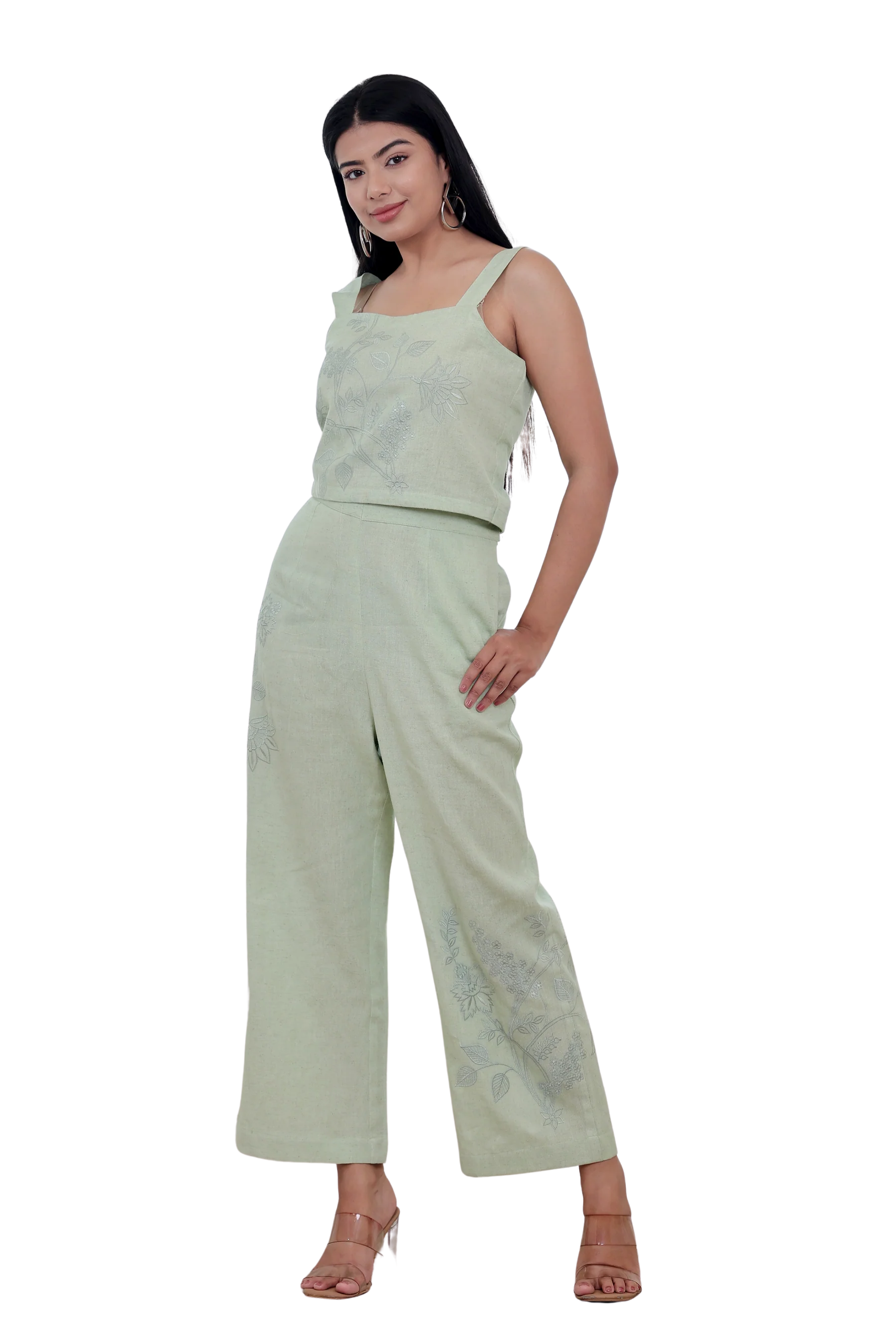 Pista Green Handwoven Khadi Co-ord Set with Tonal Embroidery
