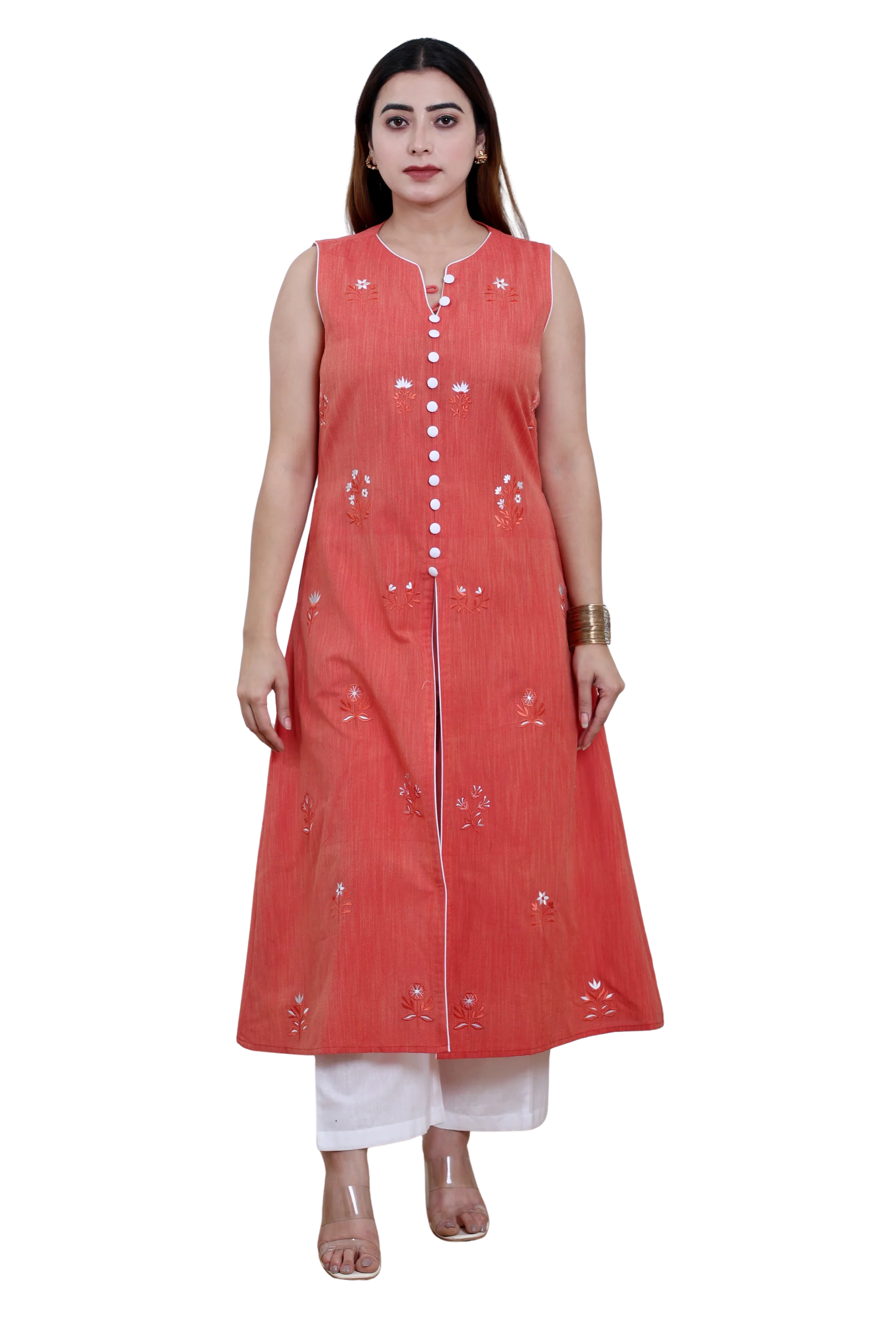 Red Handloom A-Line Kurta Set with White Pants and Floral Motifs