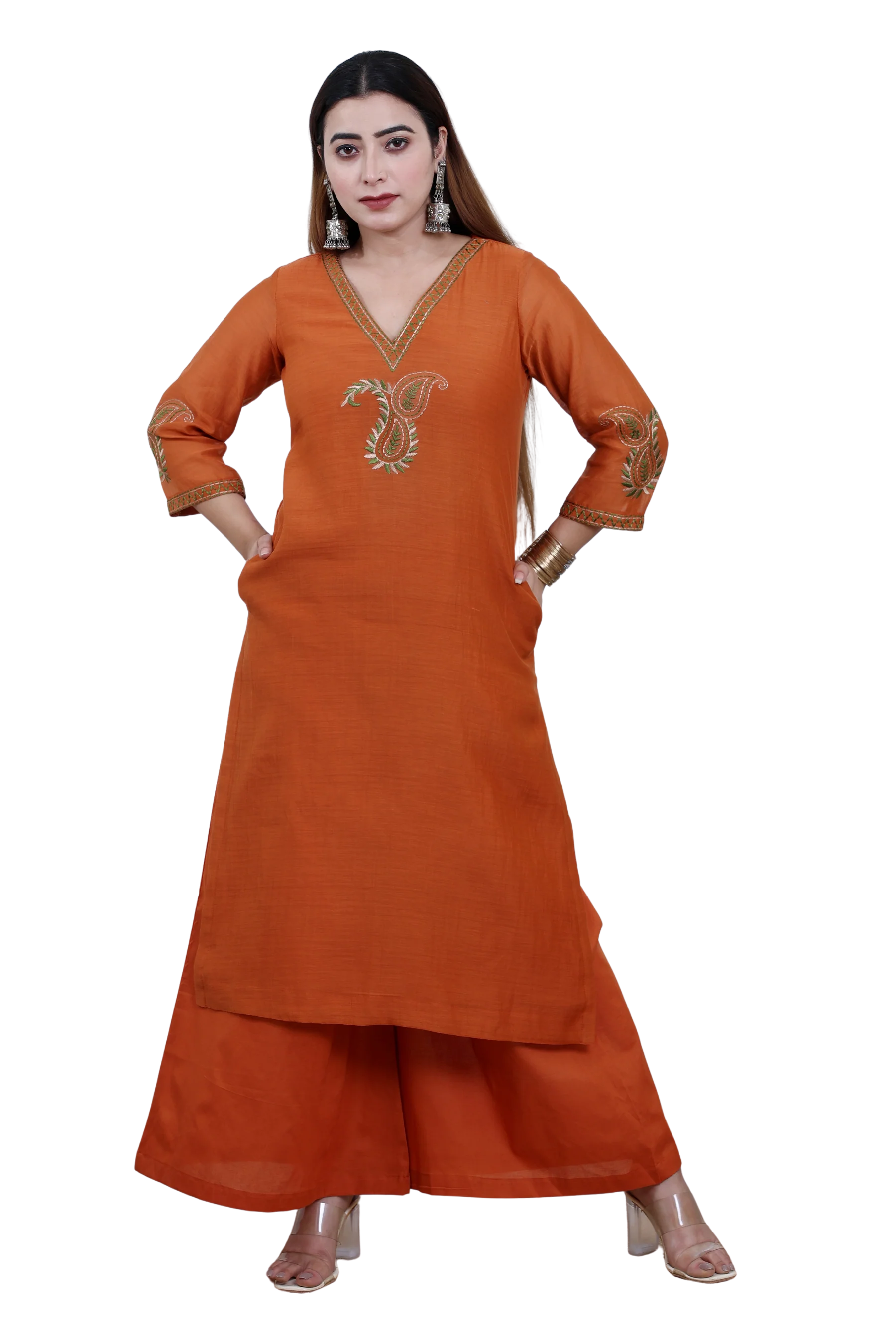 Rust Mul Chanderi Kurta Set with Palazzo and Paisley Embroidery