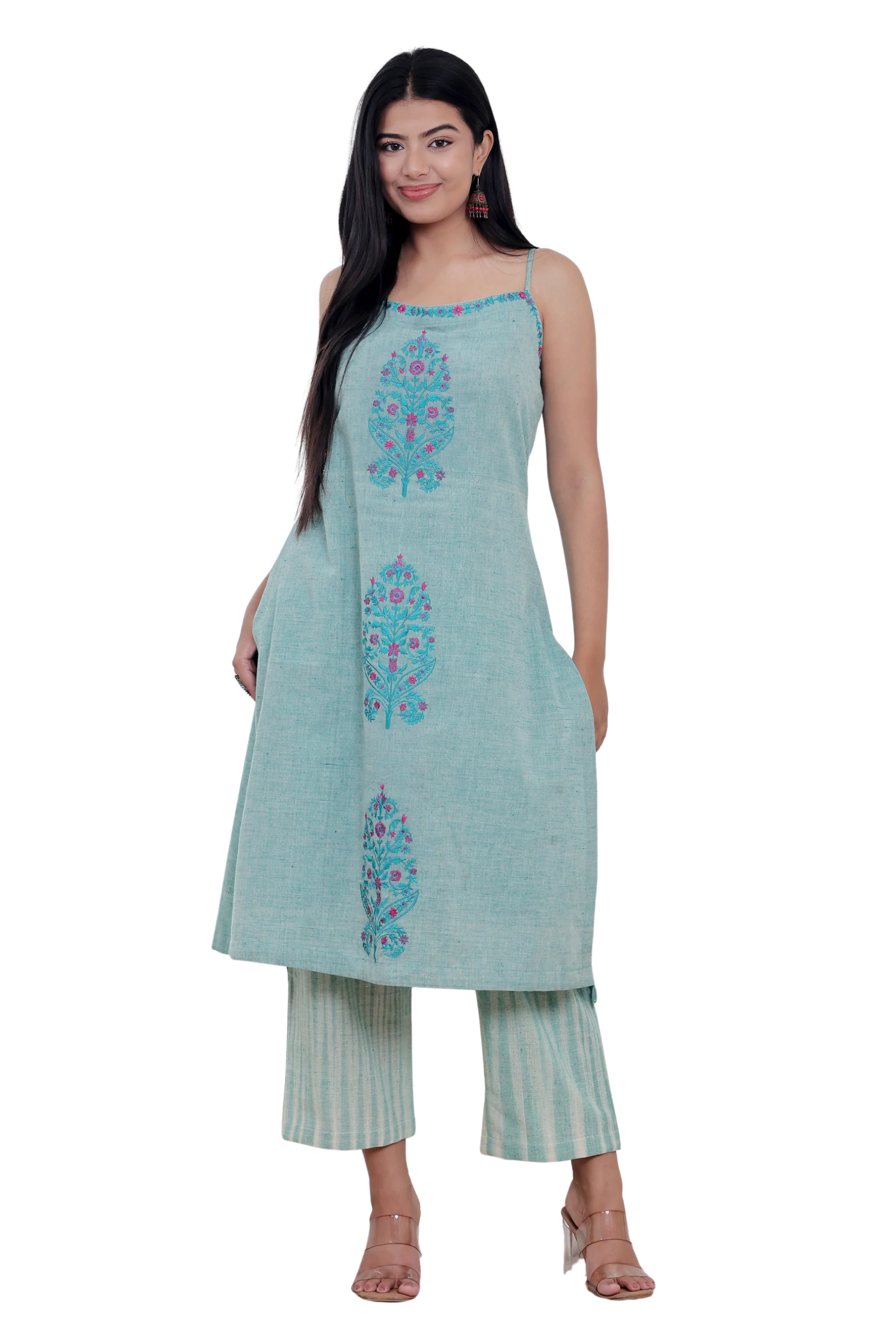 Sage Green Handwoven Khadi Kurta  Set with Floral Embroidery