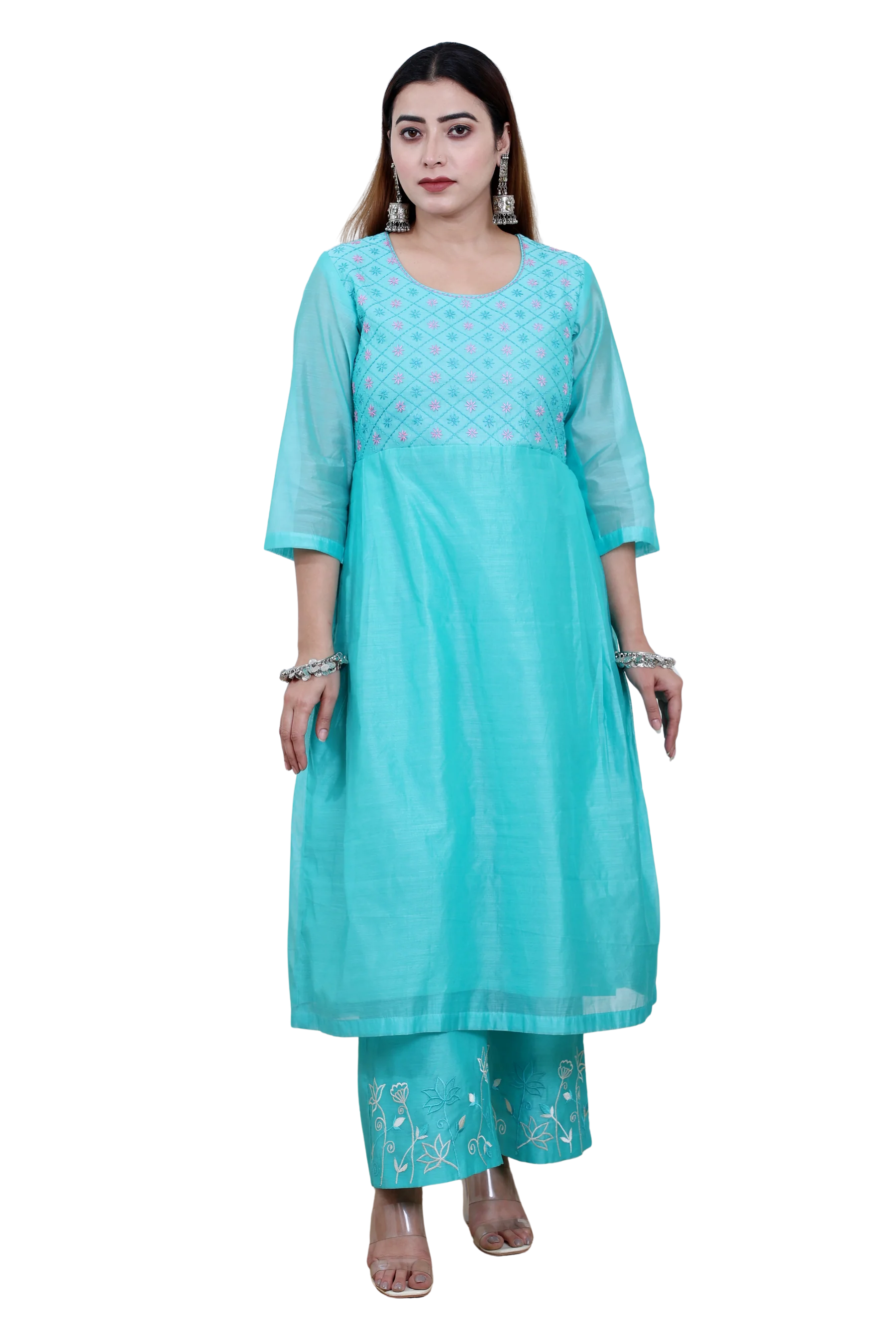 Sea Green Chanderi Angrakha Set with Hand Embroidery