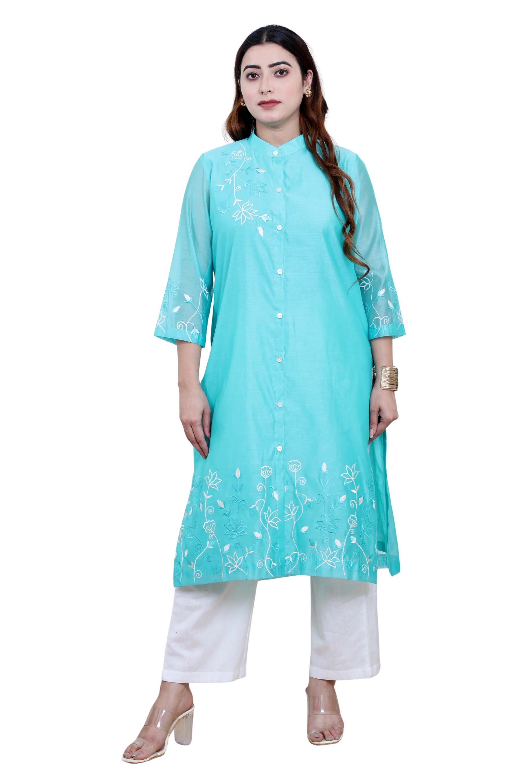 Sea Green Chanderi Kurta Set with Band Collar and Heavy Embroidery
