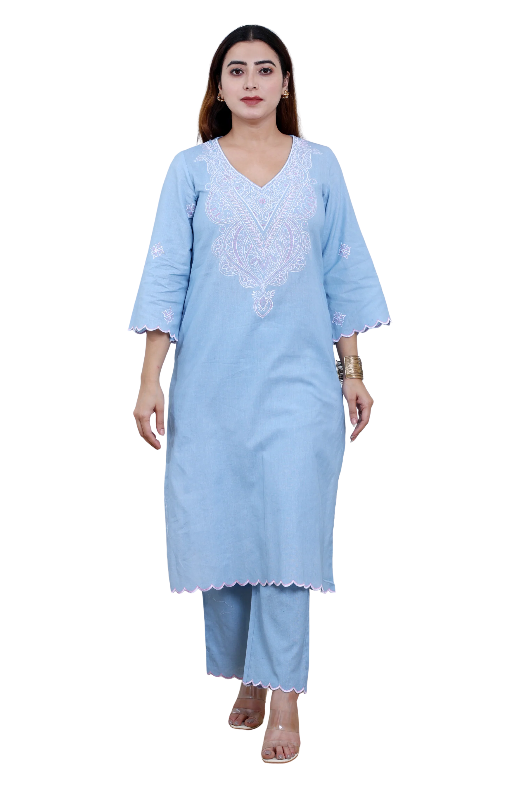 Sky Blue Cotton Linen Kurta Set with Collar and Hand Embroidery