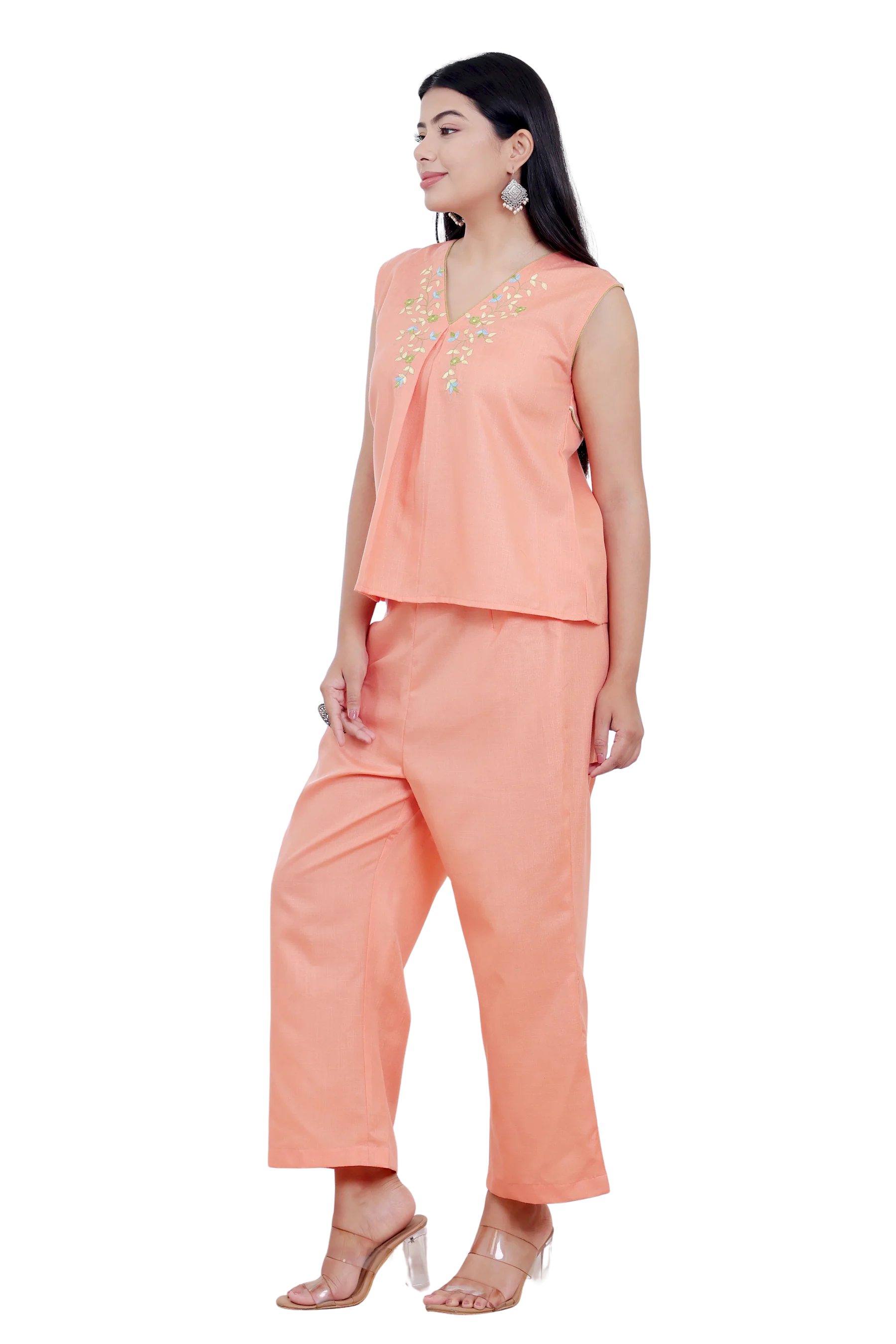 Soft Coral Peach Hand Embroidered Linen Blend Co-ord Set