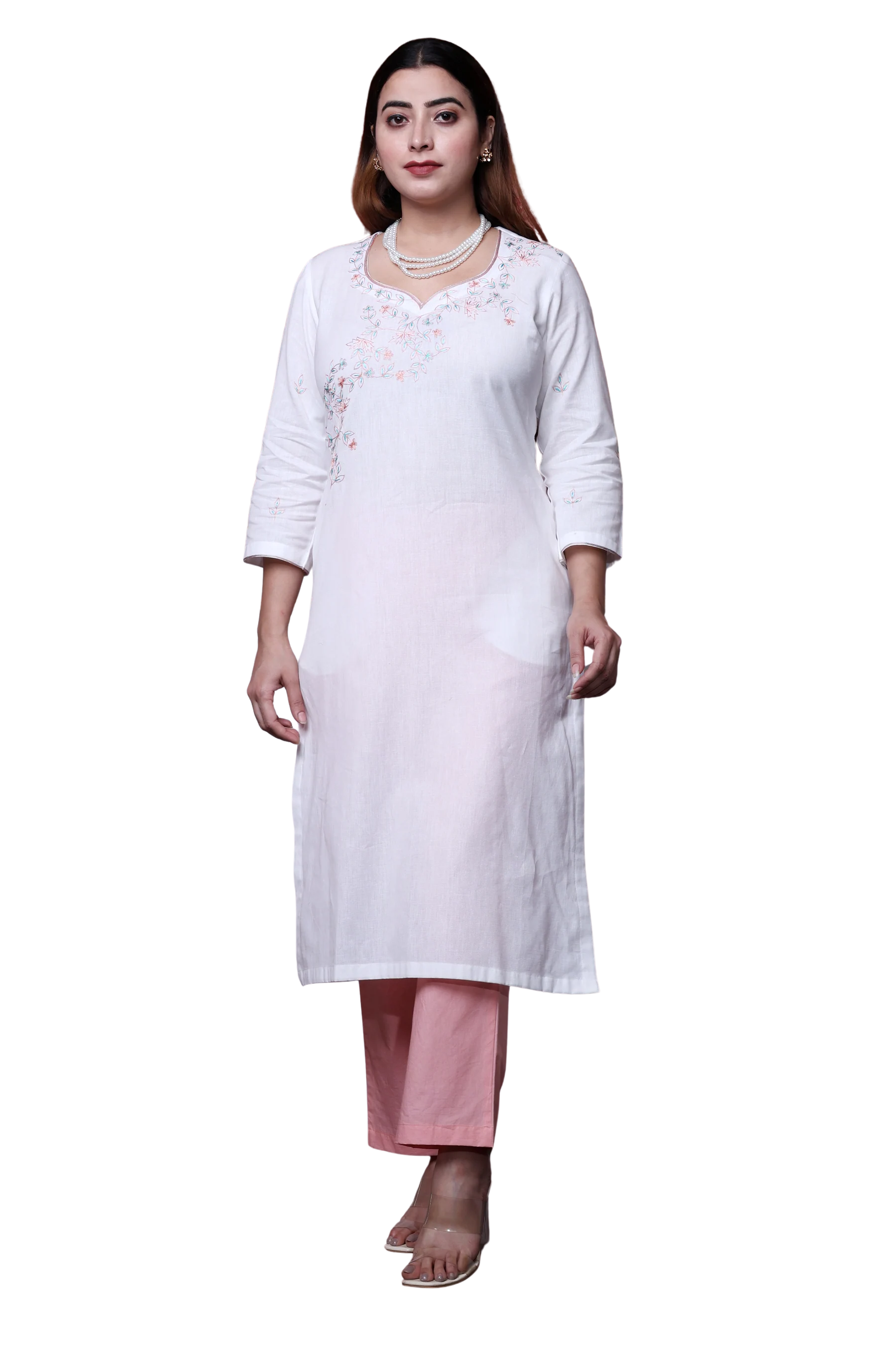 White Cotton Flex Kurta Set with Peach Poplin Pants and Hand Embroidery