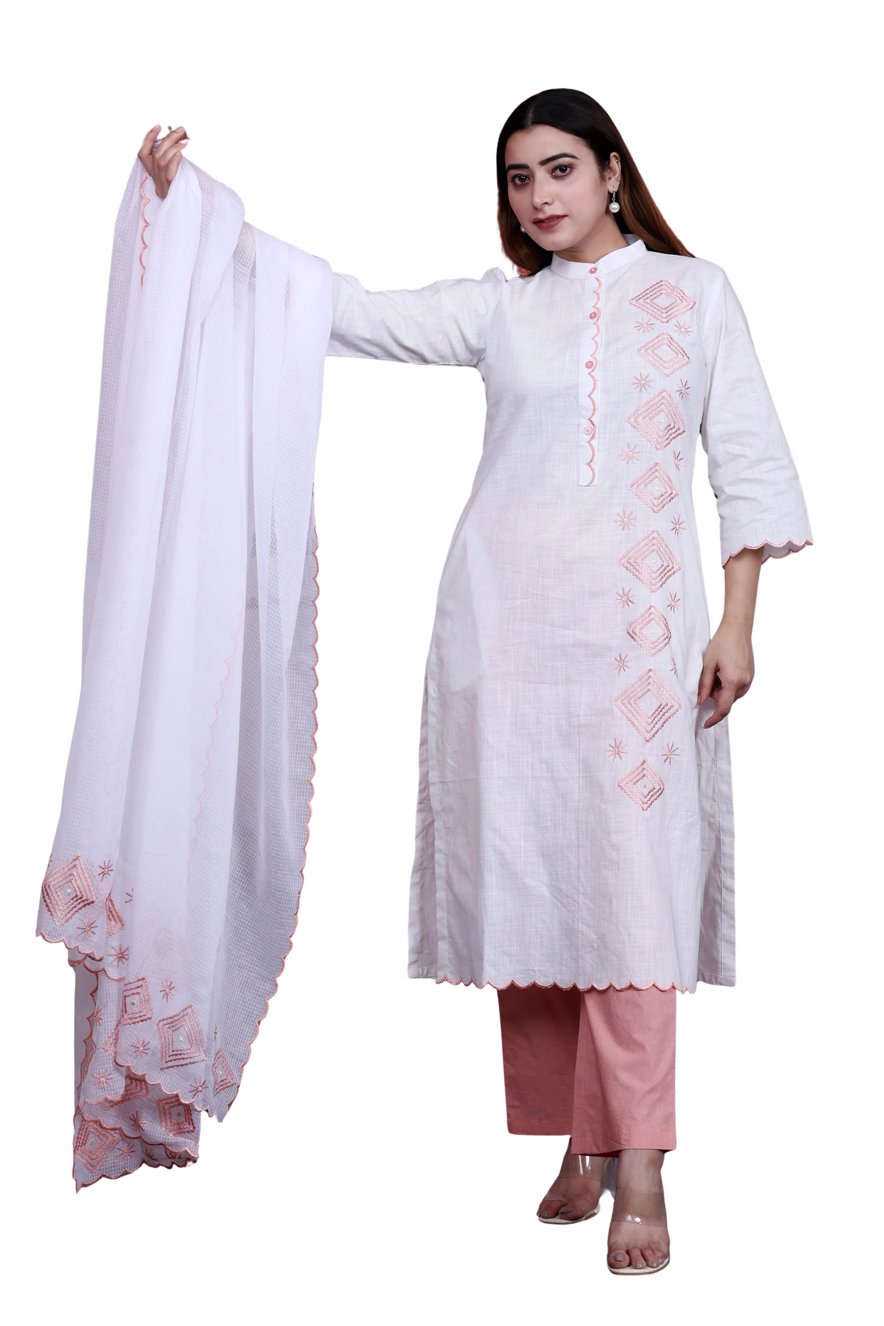 White & Peach A-Line Kurta Set with Kota Doria Dupatta and Embroidery