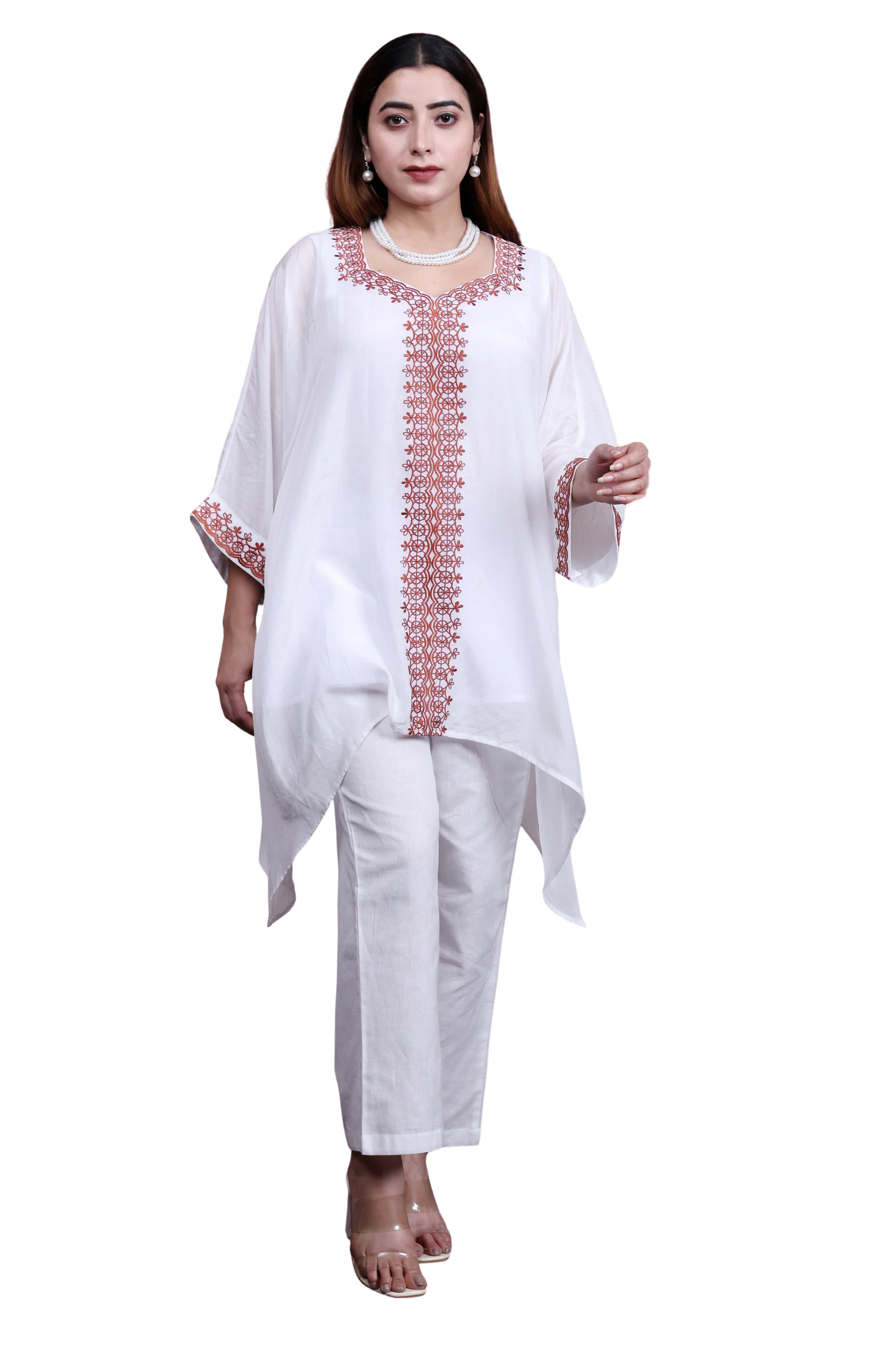 White Sustainable Chanderi Kaftan with Embroidery (Free Size, Anti-Fit)